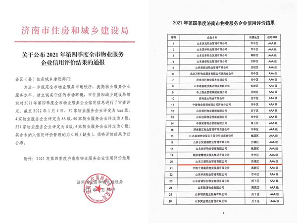 三箭物業(yè)再次獲評濟南市AAA級物業(yè)服務(wù)信用企業(yè)